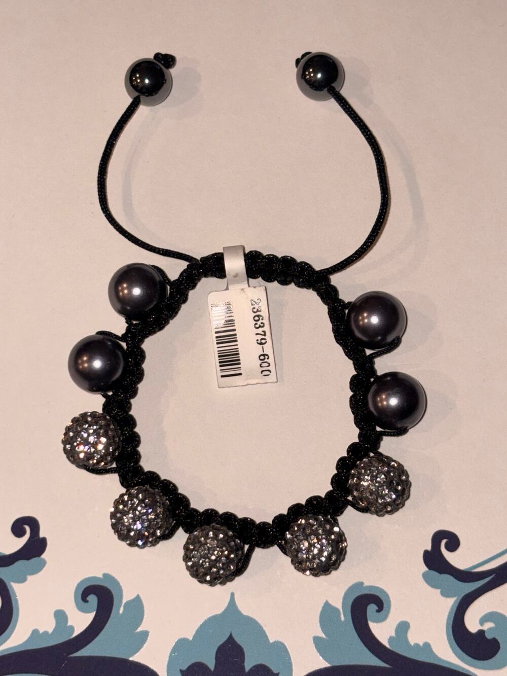 Black Crystal Disco Ball Faux Pearl Macramé Bracelet Adjustable Drawstring Cuff